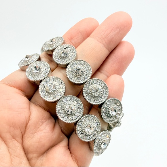 Set of 2 Silver Tone Stretch Bracelets Rhinestone Disc Statement - Picture 3 of 7